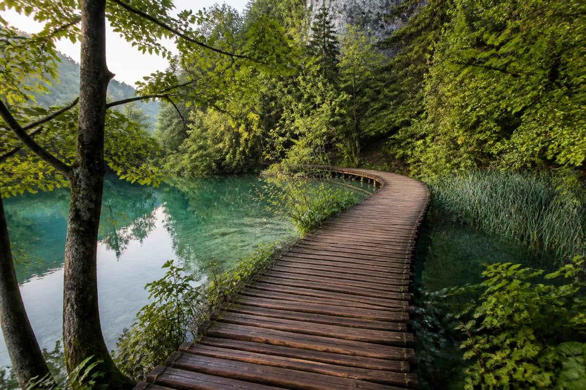 Passerelle en bois au-dessus des lacs du parc national de Plitvice en Croatie