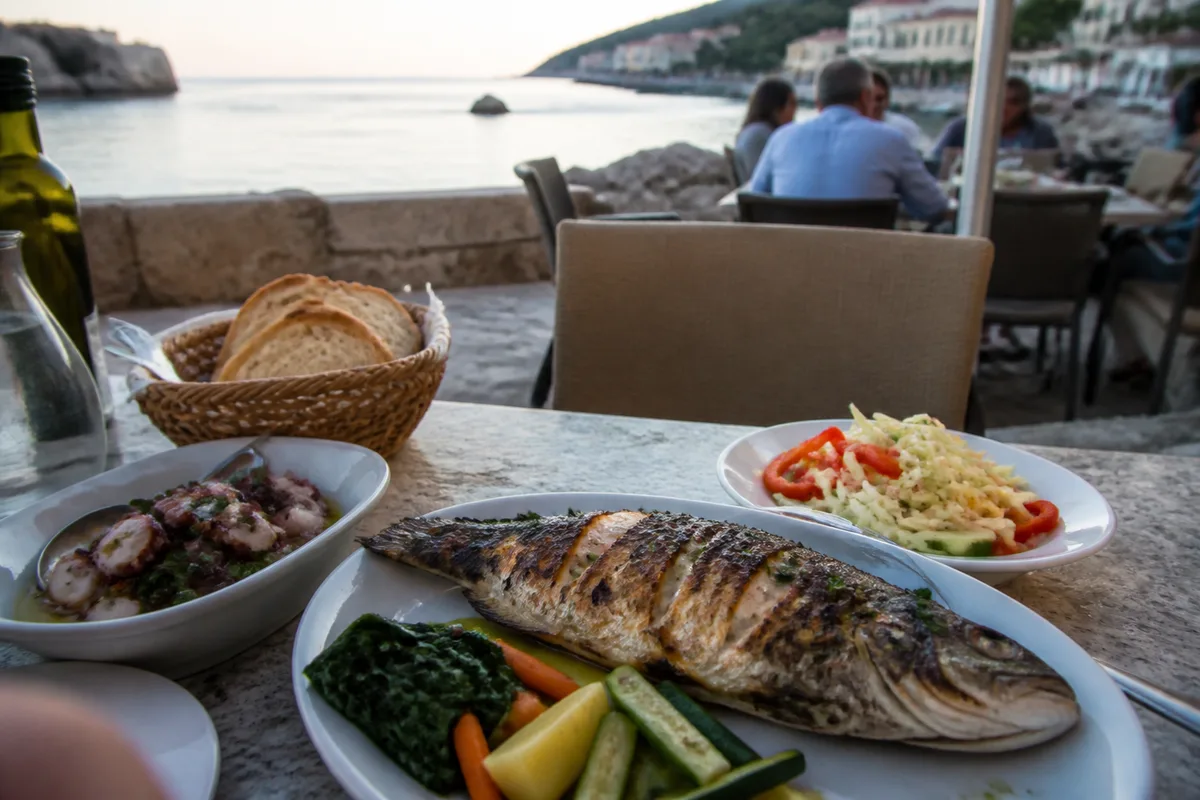 Assiette de poisson grillé, poulpe et légumes dalmates à Dubrovnik